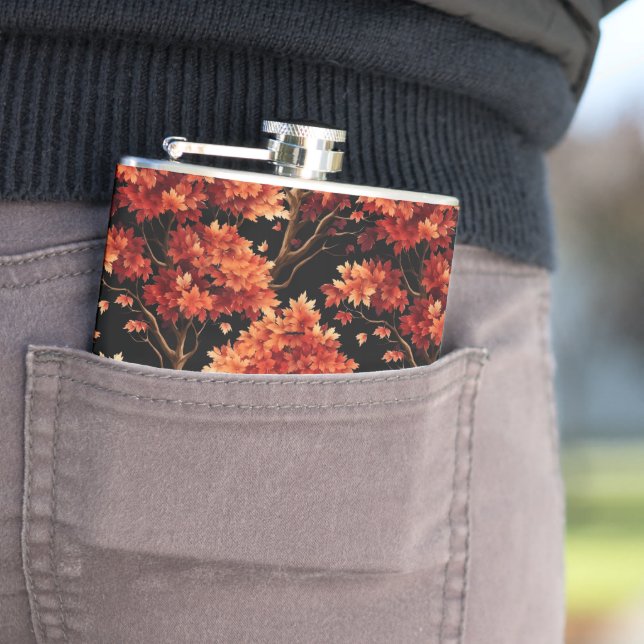 Red Fall Maple Tree Seamless Pattern Graphic Hip Flask (In Situ)