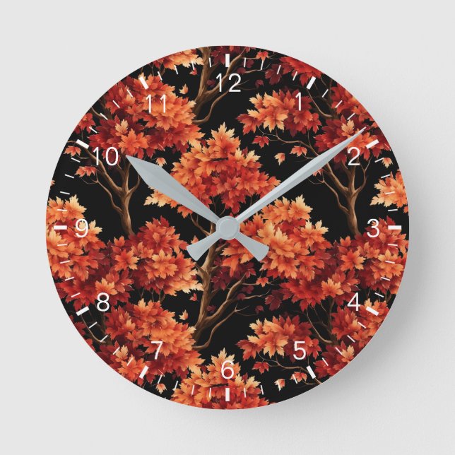 Red Fall Maple Tree Seamless Pattern Graphic Round Clock (Front)