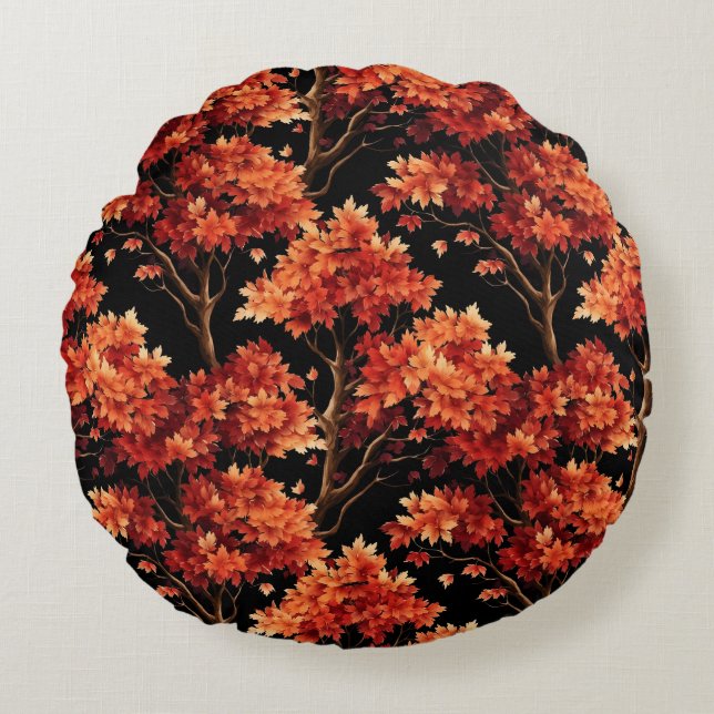 Red Fall Maple Tree Seamless Pattern Graphic Round Cushion (Front)