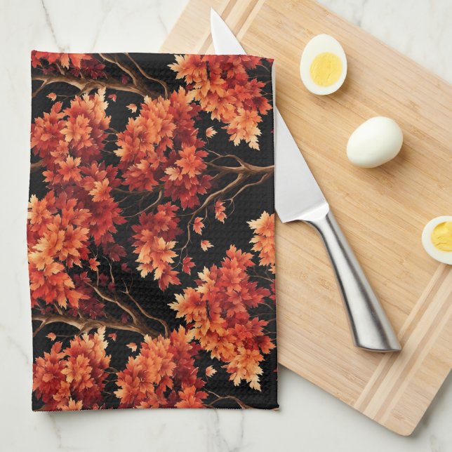 Red Fall Maple Tree Seamless Pattern Graphic Tea Towel (Quarter Fold)