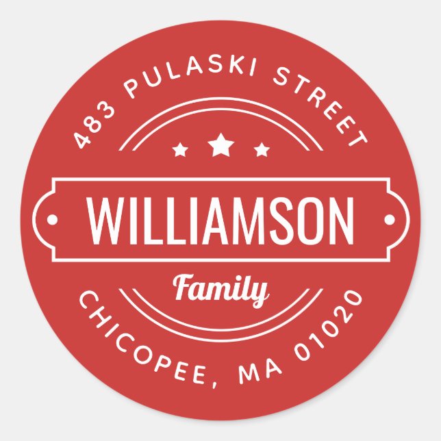 Red Family Name Badge Round Return Address Label (Front)
