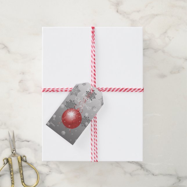 Red Fancy Christmas Ornament Gift Tag (With Twine)