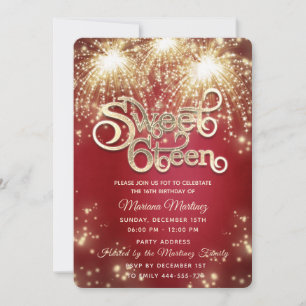 Red fancy elegant firework gold sparkle  invitation