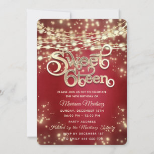 Red fancy elegant String lights gold sparkle  Invitation