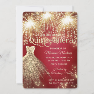 Red fancy firework gold sparkle dress invitation