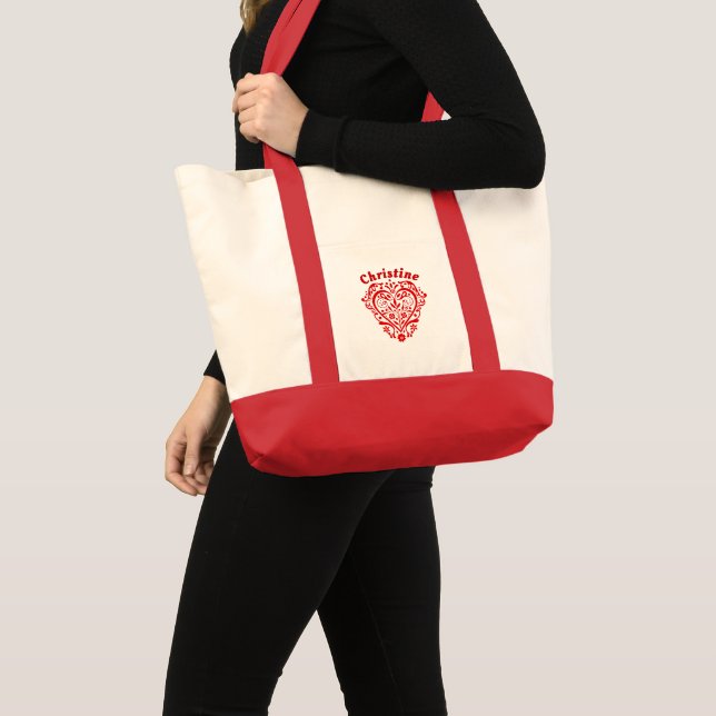 Red Fancy Heart Personalised Tote Bag (Front (Product))
