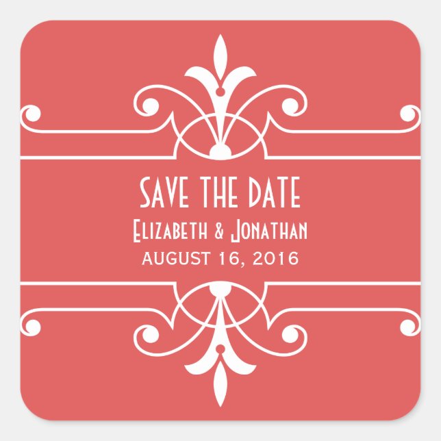 Red Fancy Ornamental Save the Date Stickers (Front)