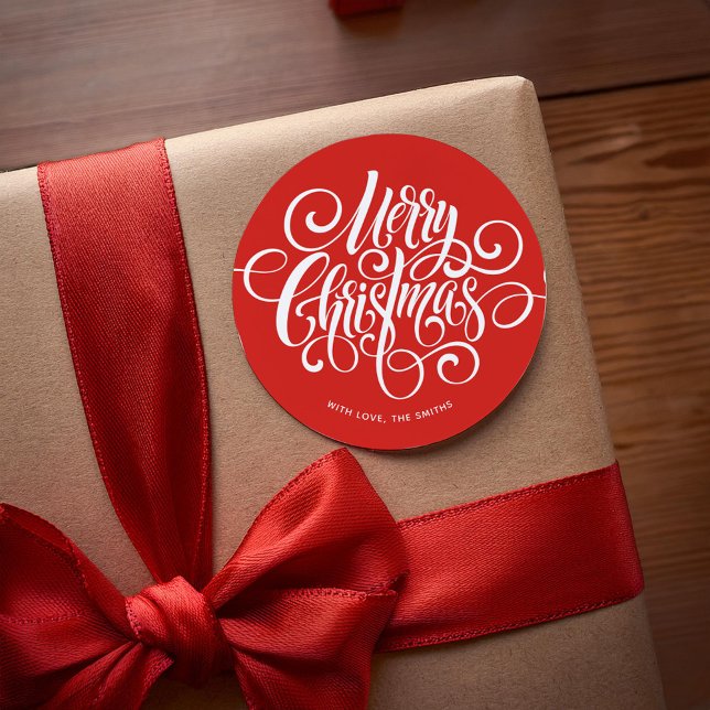 Red Fancy Script "Merry Christmas" Custom Classic Round Sticker (Creator Uploaded)