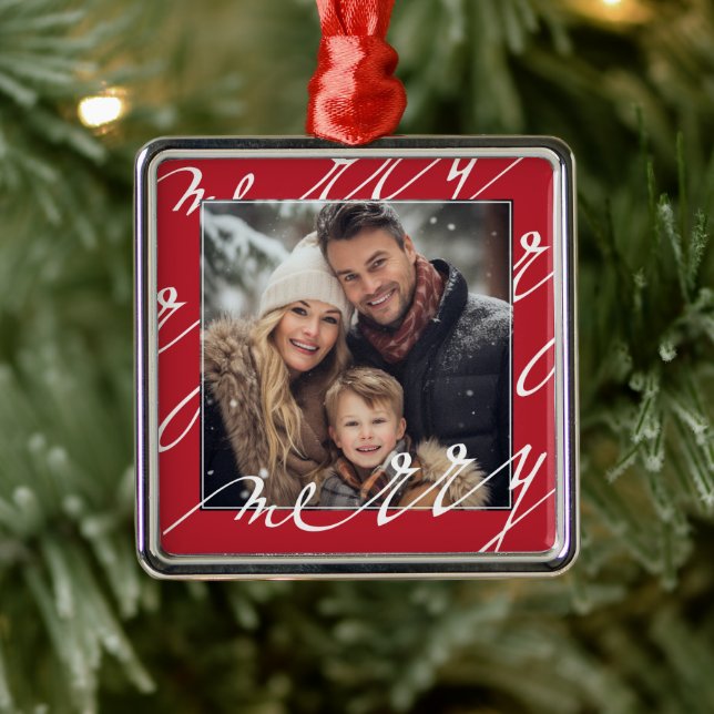 Red Fancy Script "Merry" Christmas Photo Metal Ornament (Tree)