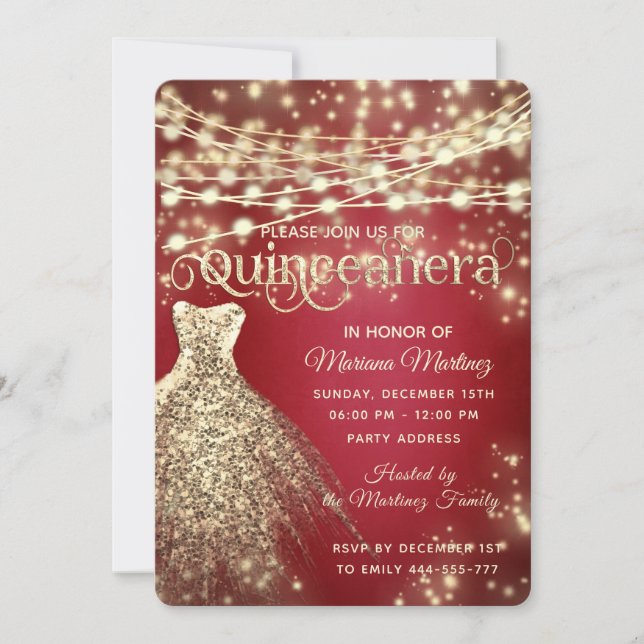 Red fancy String lights gold sparkle dress Invitation (Front)