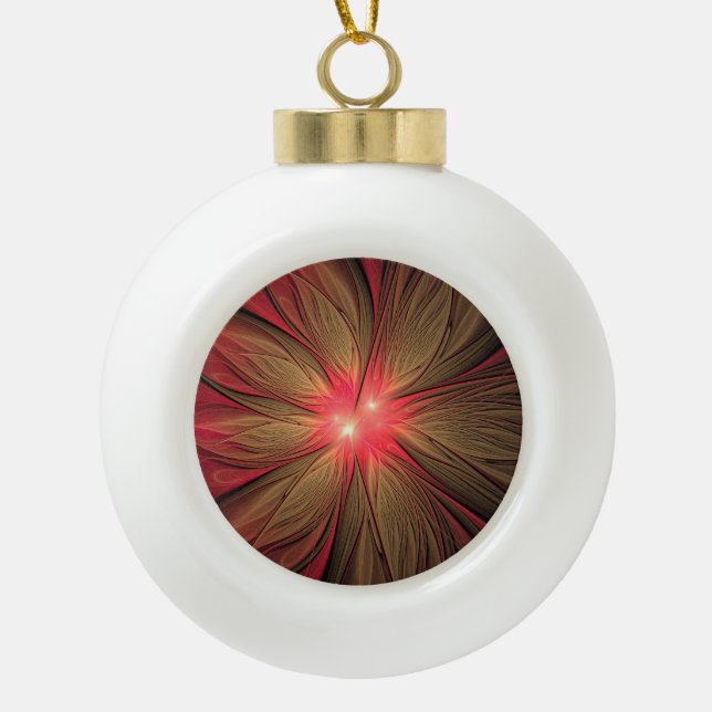 Red fansy fractal flower   ceramic ball christmas ornament (Front)