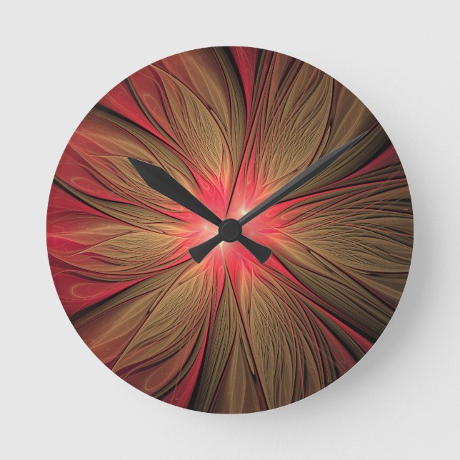 Red fansy fractal flower  round clock (Front)