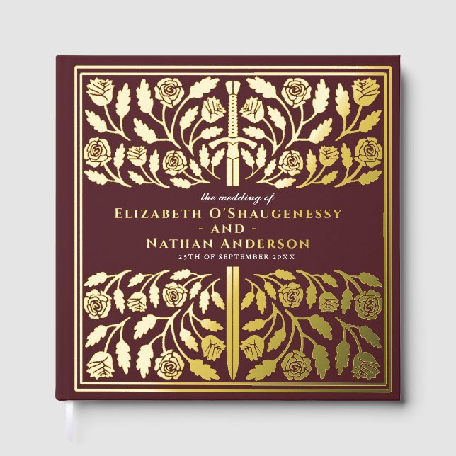 Red Fantasy Royal Mediaeval Sword Wedding Guest Book (Front)