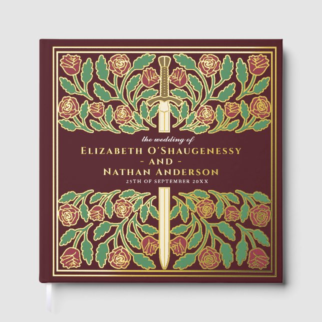 Red Fantasy Royal Medieval Sword Wedding Guest Book (Front)