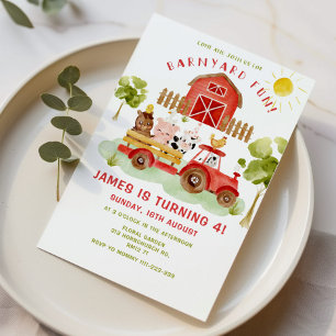 Red Farm animals 4th birthday party Invitation