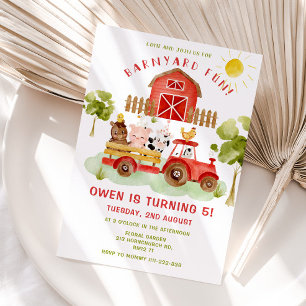 Red Farm animals 5th birthday party Invitation