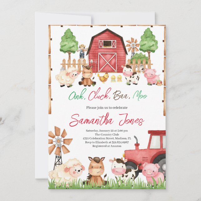 Red Farm Animals Baby Shower Invitation (Front)
