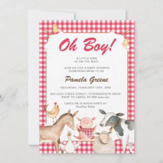 Red Farm Animals Baby Shower Invitation Party