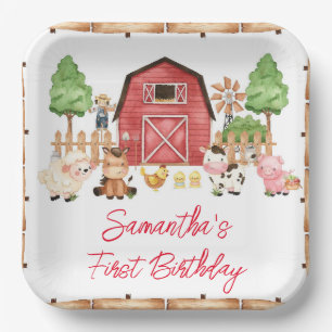 Red Farm Animals Birthday Party Paper Plate
