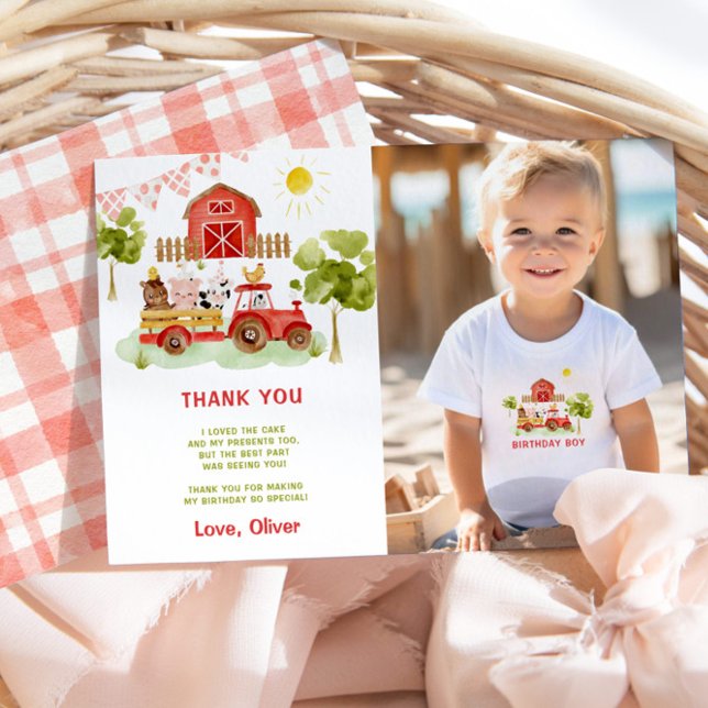 Red farm animals birthday photo thank you card (Creator Uploaded)