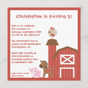 Red farm animals boy's birthday party invitation