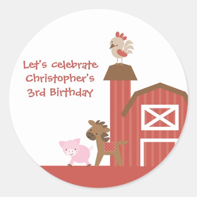 Red farm animals boy's birthday party stickers (Front)