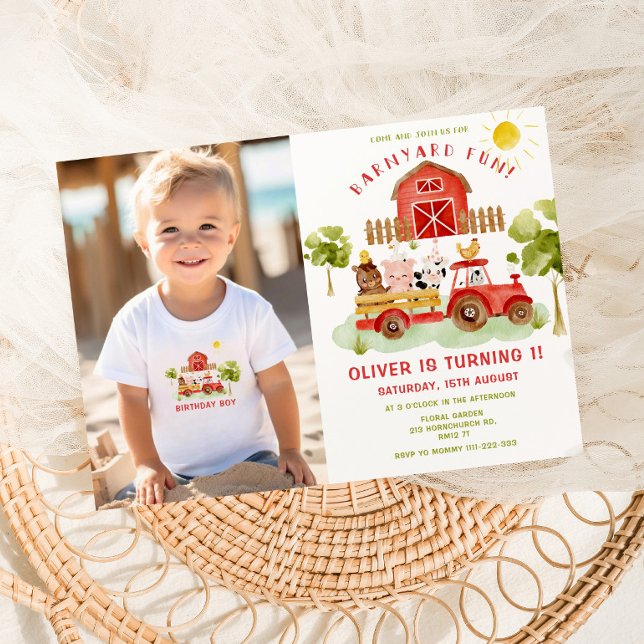 Red farm animals Red tractor boy birthday photo Invitation (Creator Uploaded)