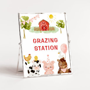 Red farm barnyard grazing station birthday poster