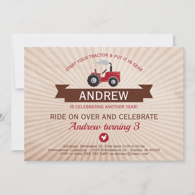 Red Farm Tractor Birthday Party Invitation (Front)