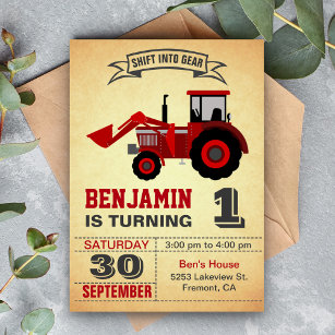 Red Farm Tractor First Birthday Party Invitation