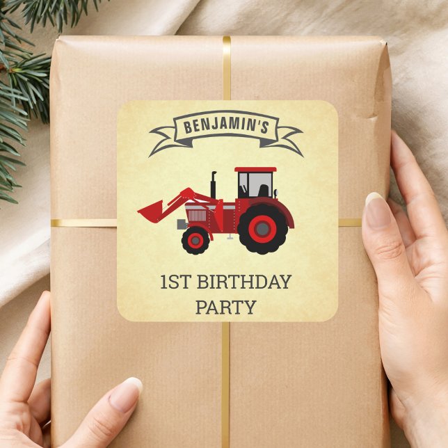 Red Farm Tractor Kids Birthday Party Favour Sticke Square Sticker (Creator Uploaded)