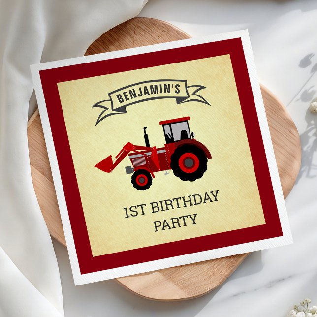 Red Farm Tractor Kids Birthday Party Paper Napkin (Creator Uploaded)