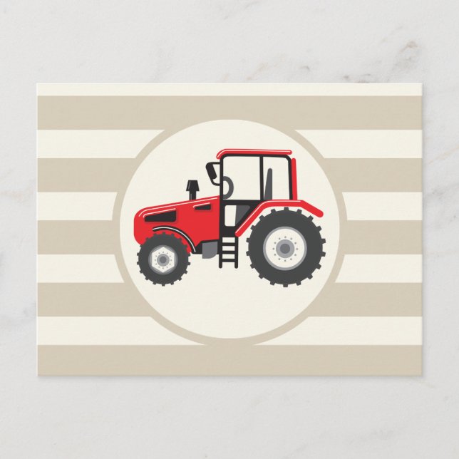 Red Farm Tractor on Tan Stripes Postcard (Front)
