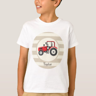 Red Farm Tractor on Tan Stripes T-Shirt