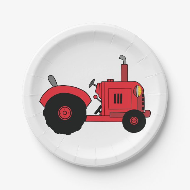 Red Farm Tractor Vehicle Paper Plate (Front)