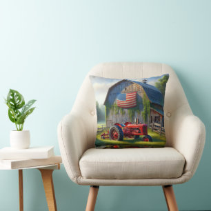 Red Farm Tractor With American Flag On a Barn Cushion