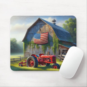Red Farm Tractor With Patriotic Barn Mouse Pad