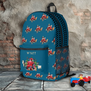 Red Farm Tractors Kids Personalised Teal Blue Printed Backpack