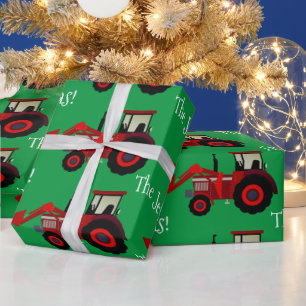 Red Farm Tractors on Green Christmas Wrapping Pape Paper