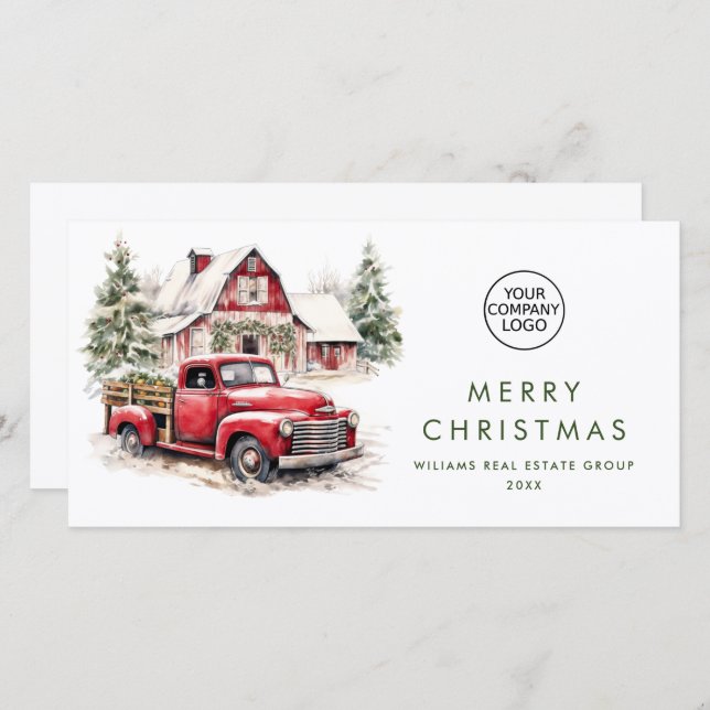 Red Farm Truck Christmas Corporate Greeting Holiday Card (Front/Back)