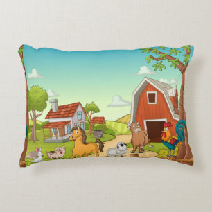 Red Farmhouse Barn and Farmyard Animals Decorative Cushion