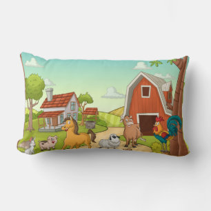 Red Farmhouse Barn and Farmyard Animals Lumbar Cushion