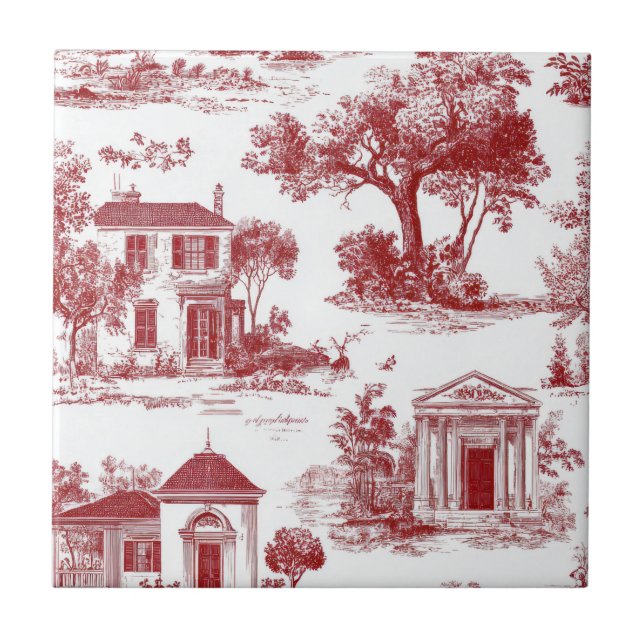 Red Farmhouse Toile Scenic Tree Pattern Ceramic Tile (Front)