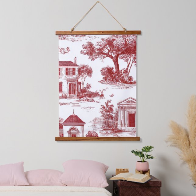 Red Farmhouse Toile Scenic Tree Pattern Hanging Tapestry (Bedroom)