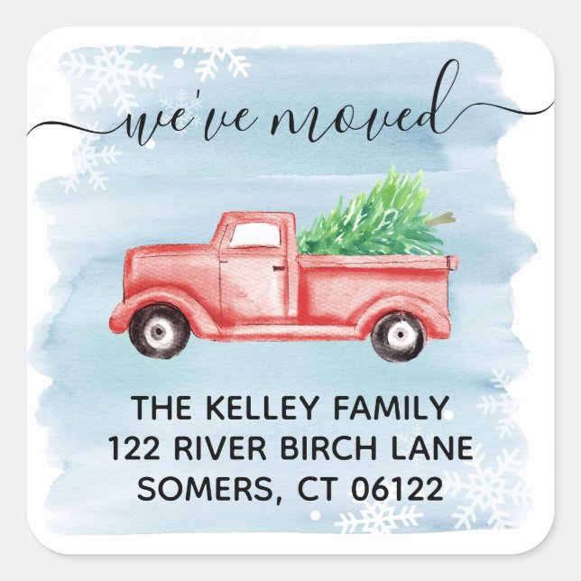 Red Farmhouse Truck Holiday Moving Address Square Sticker (Front)