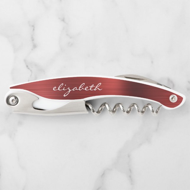 Red Faux Brushed Metal Personalised Script Corkscrew (Front)