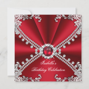 Red Faux Diamond Jewel Floral Birthday Party Invitation