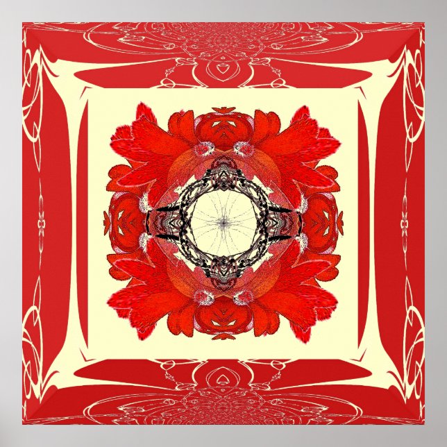 Red Faux Frame Fractal Flower Poster (Front)