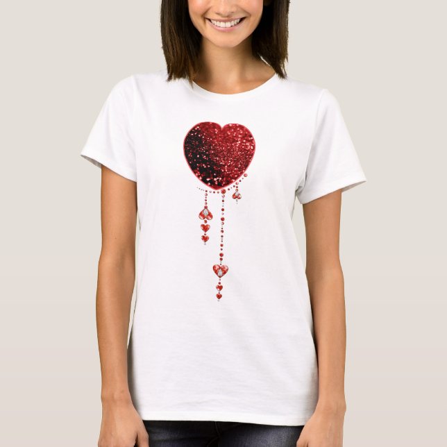 Red Faux Glitter Heart & Heart Droplets T-Shirt (Front)