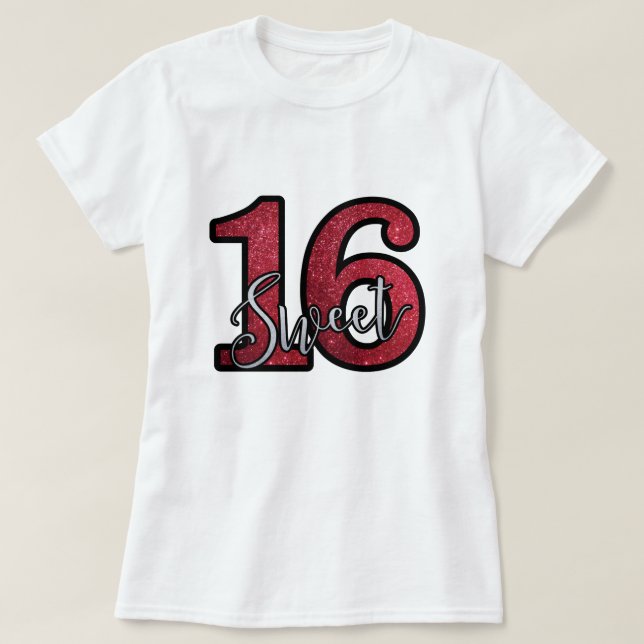 Red Faux Glitter Print Sweet Sixteen 16 Birthday T-Shirt (Design Front)